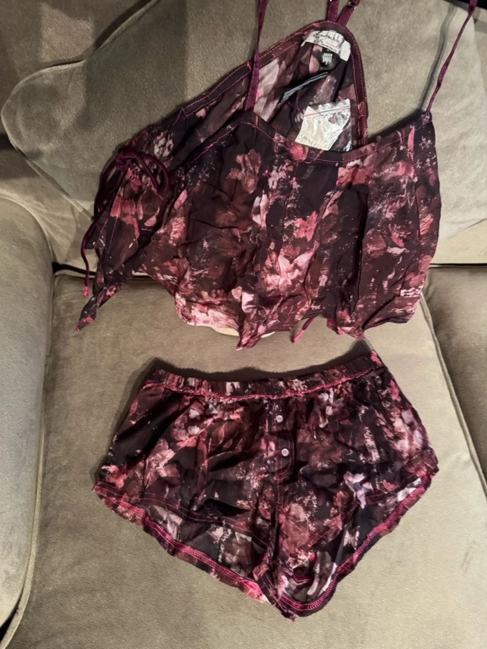 Free People Burgundy & Pink Floral Satin Cami and Short Set - Picture 3 of 5